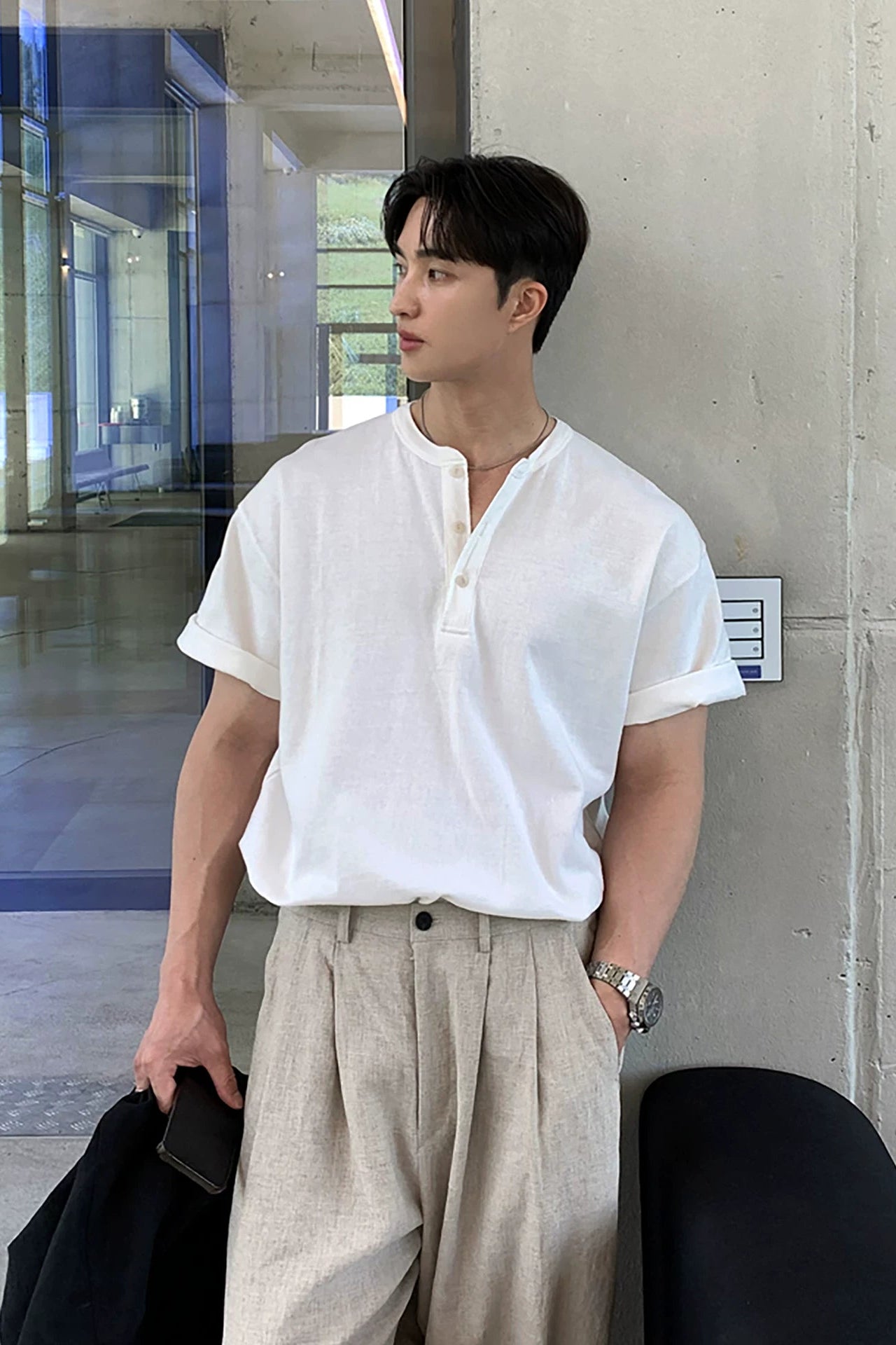 ハーフボタンヘンリーネックTシャツ10041